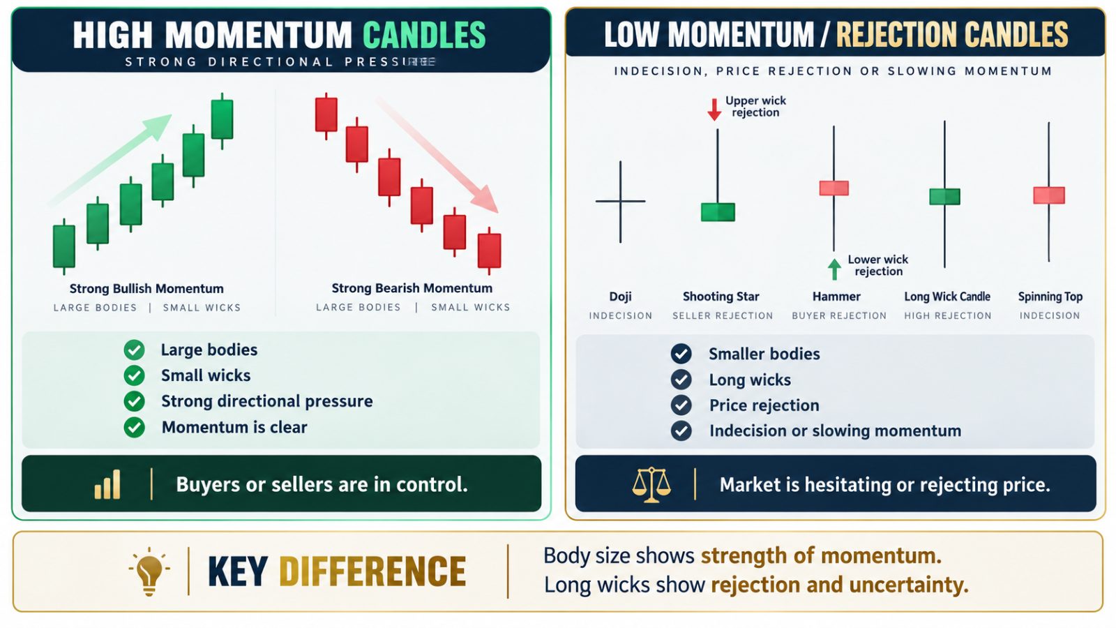 Infographic contrasting momentum candles with wick rejection patterns