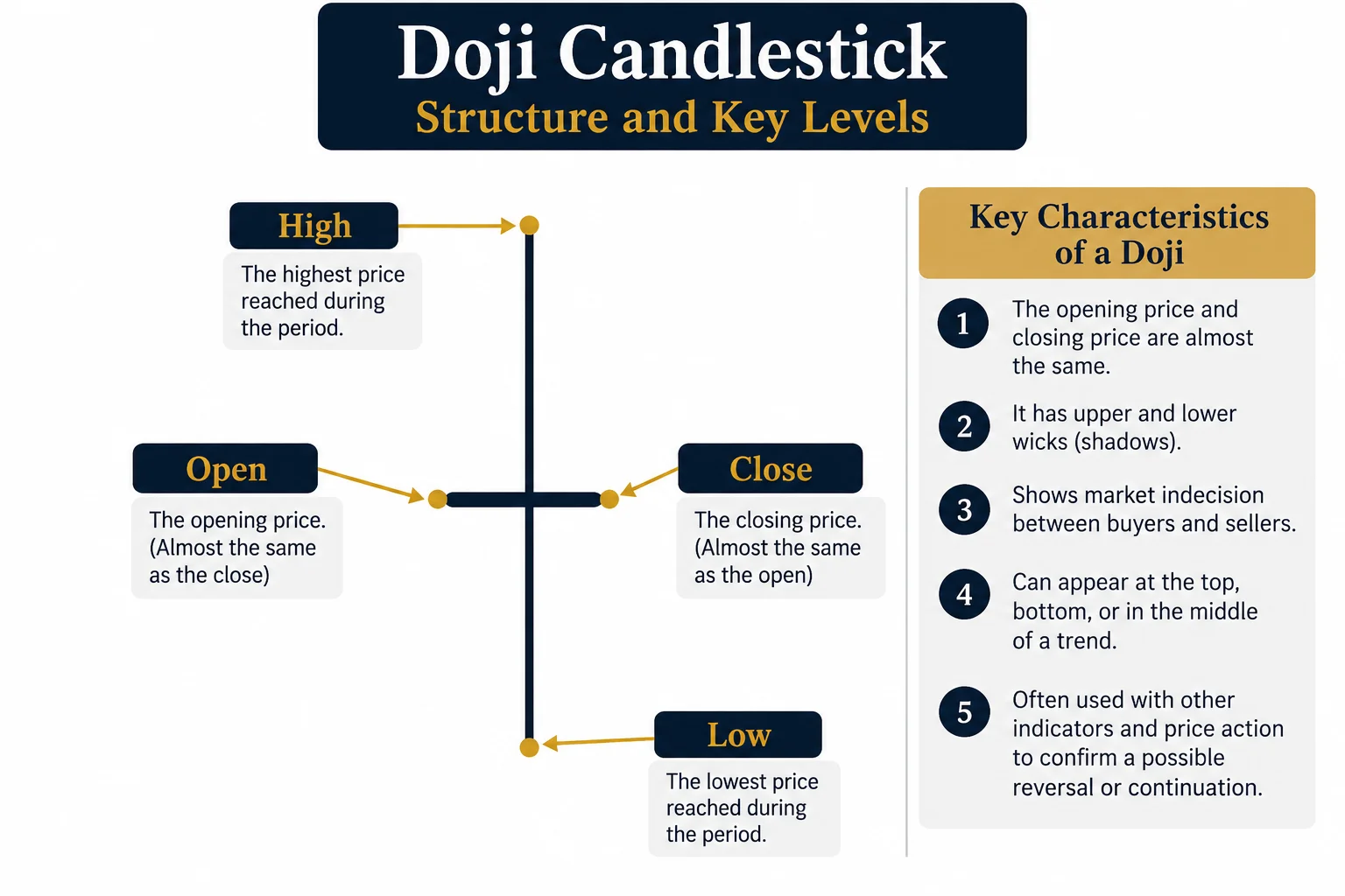 Anatomy of a standard doji candlestick showing the open, close, high, and low levels