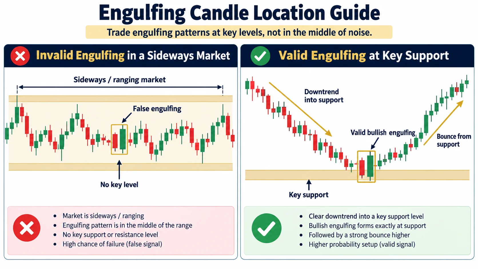 Diagram comparing valid and invalid locations for trading bullish and bearish engulfing candles