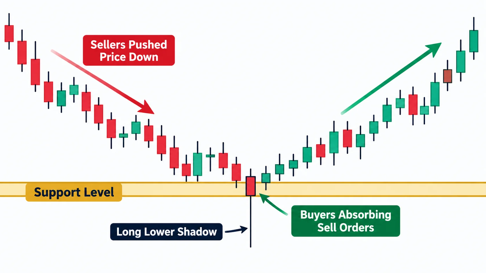 Diagram showing a long lower shadow indicating support and institutional buying pressure