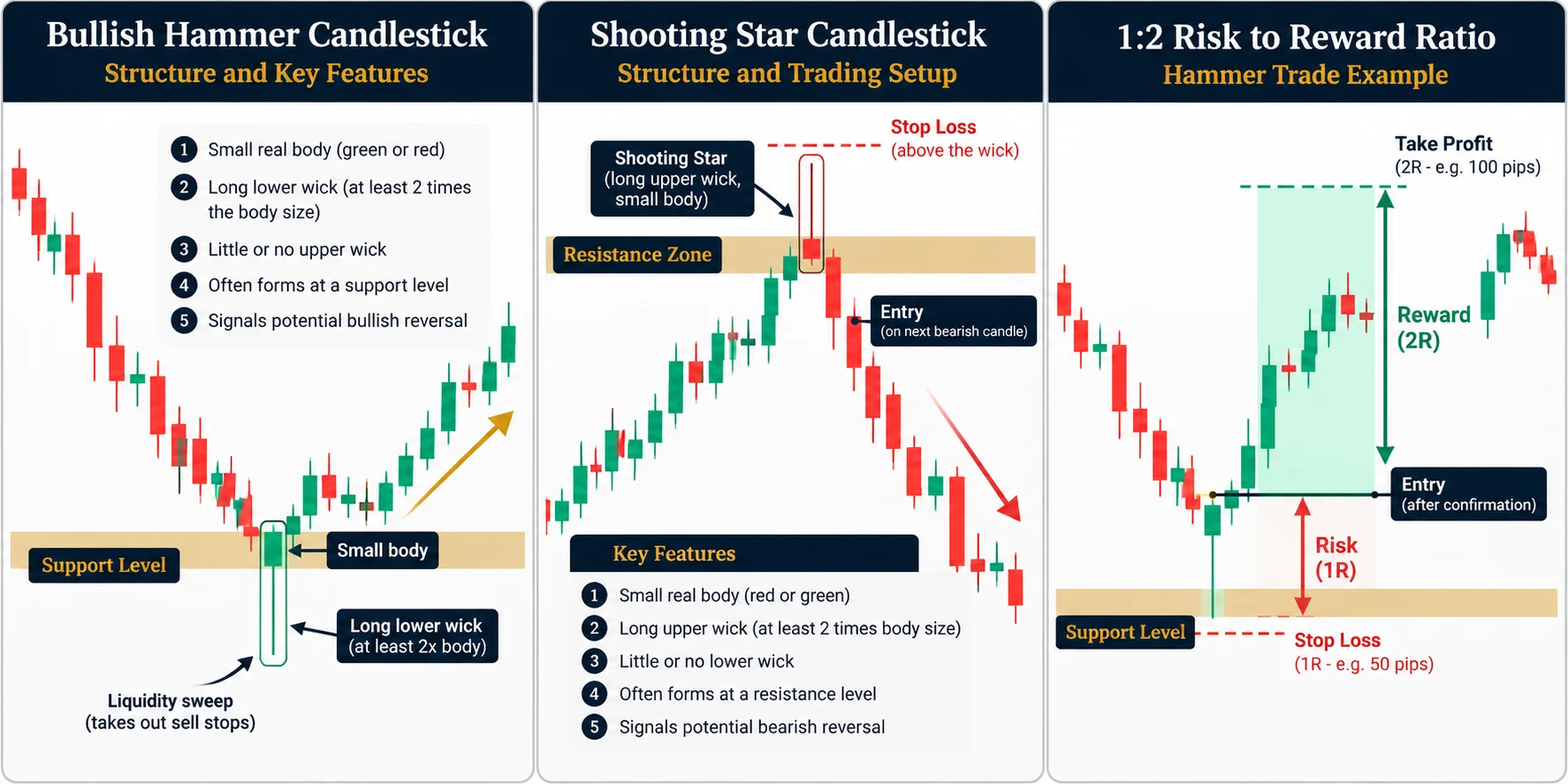 A chart diagram showing a 1:2 risk to reward ratio for a hammer trade