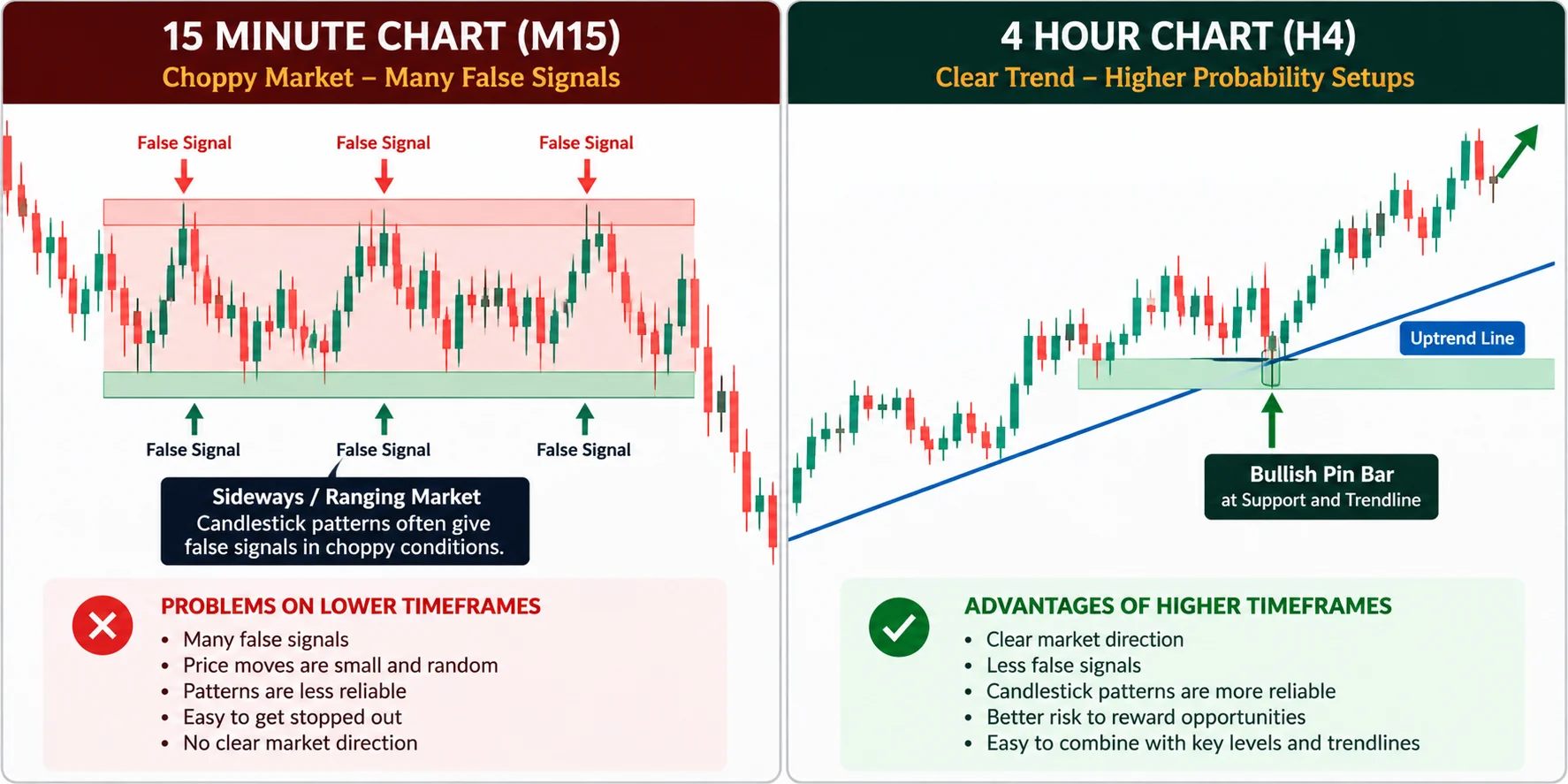 Diagram illustrating the difference between noisy low-timeframe candlestick signals and clean higher-timeframe context
