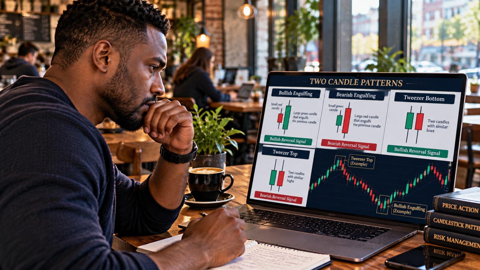 Trader identifying two-candle candlestick patterns for beginners on laptop